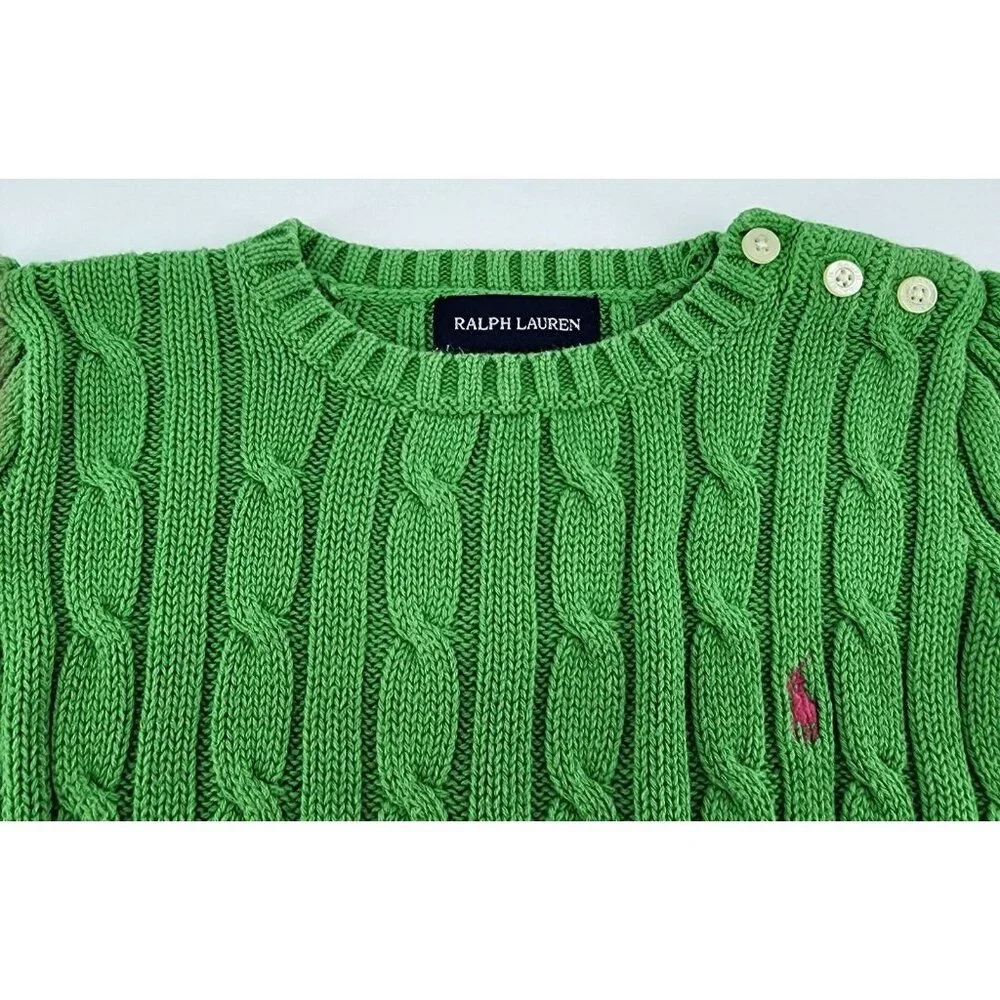 Ralph Lauren Kids‎ Long Sleeve Cable Knit Pullover Sweater Green/Pink Pony 3/3T